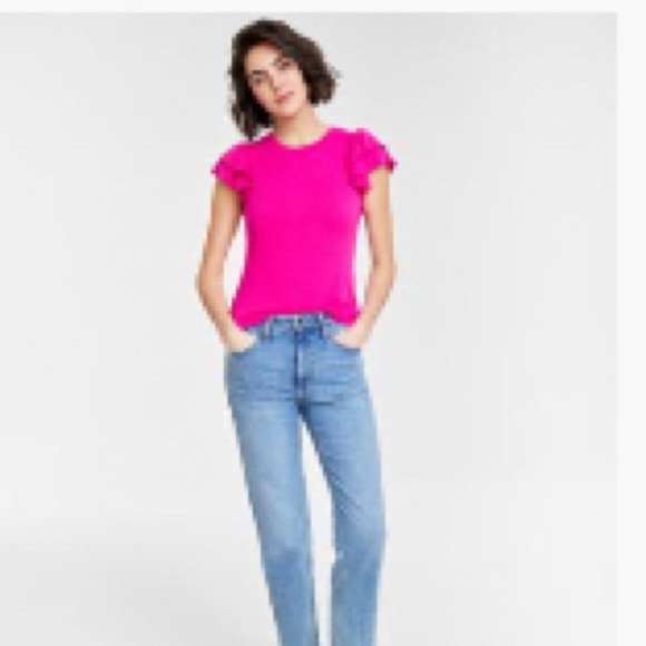ON 34th Pink ribbed woman Flutter sleeve ribbed shabby chic summer top NWT L - Picture 1 of 13